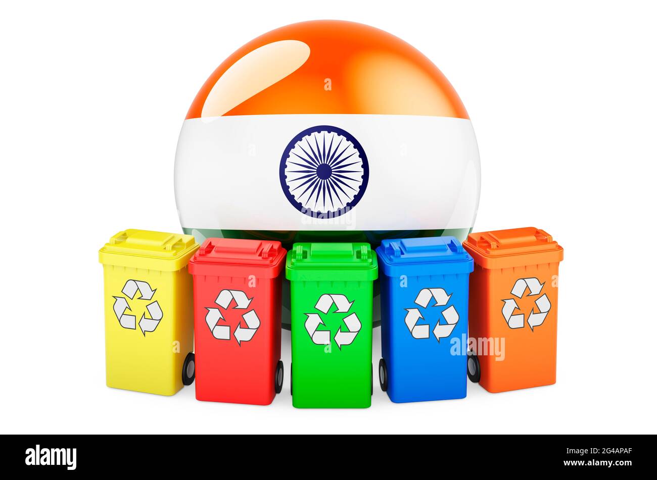Waste recycling in India. Colored recycling bins with Indian flag, 3D