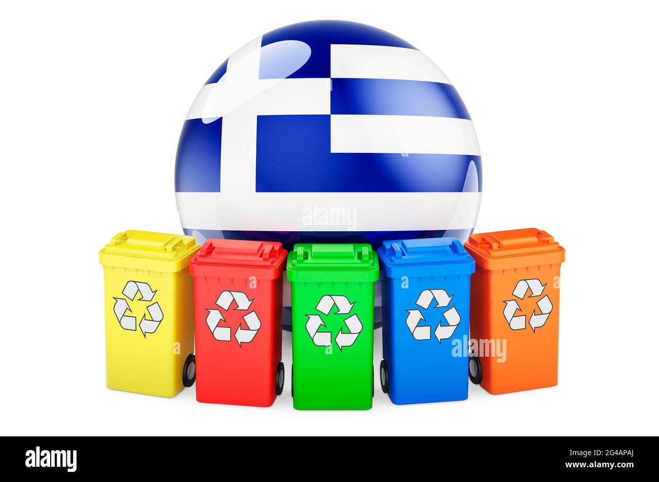 Waste recycling in Greece. Colored recycling bins with Greek flag, 3D