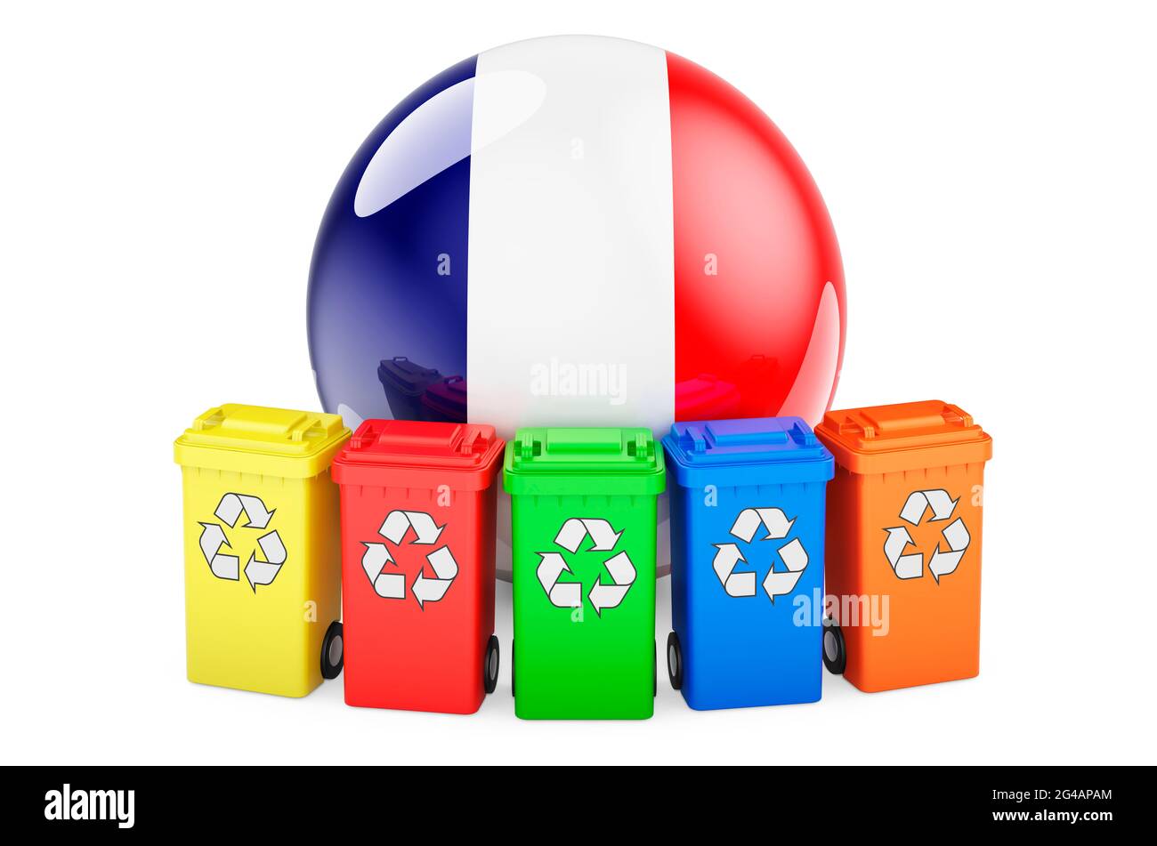 Waste recycling in France. Colored recycling bins with French flag, 3D