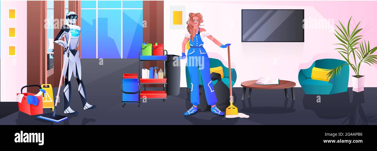 robotic janitor with woman cleaner robot vs human working together