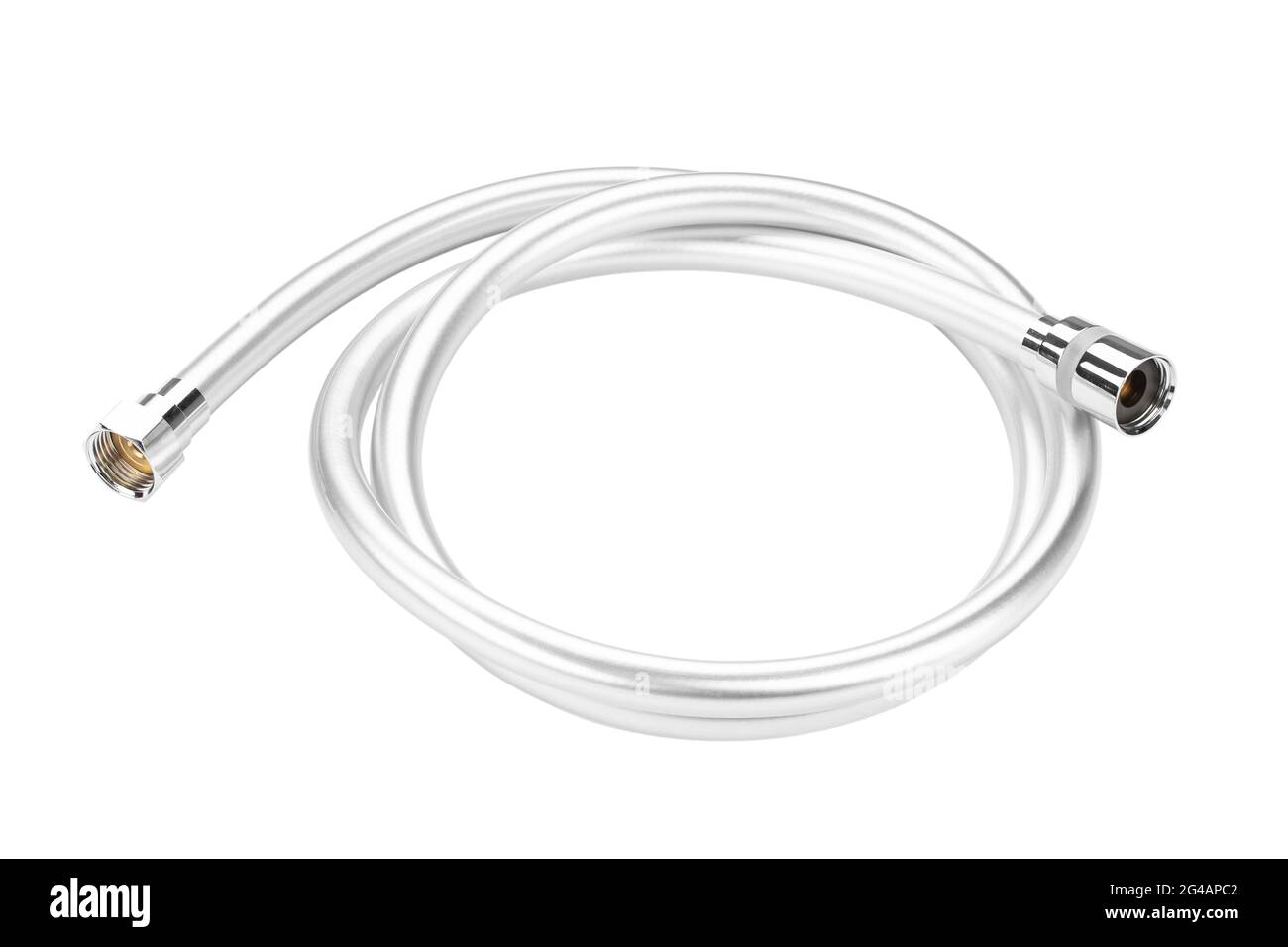 New shower plastic pvc hose isolated on a white background. Field with