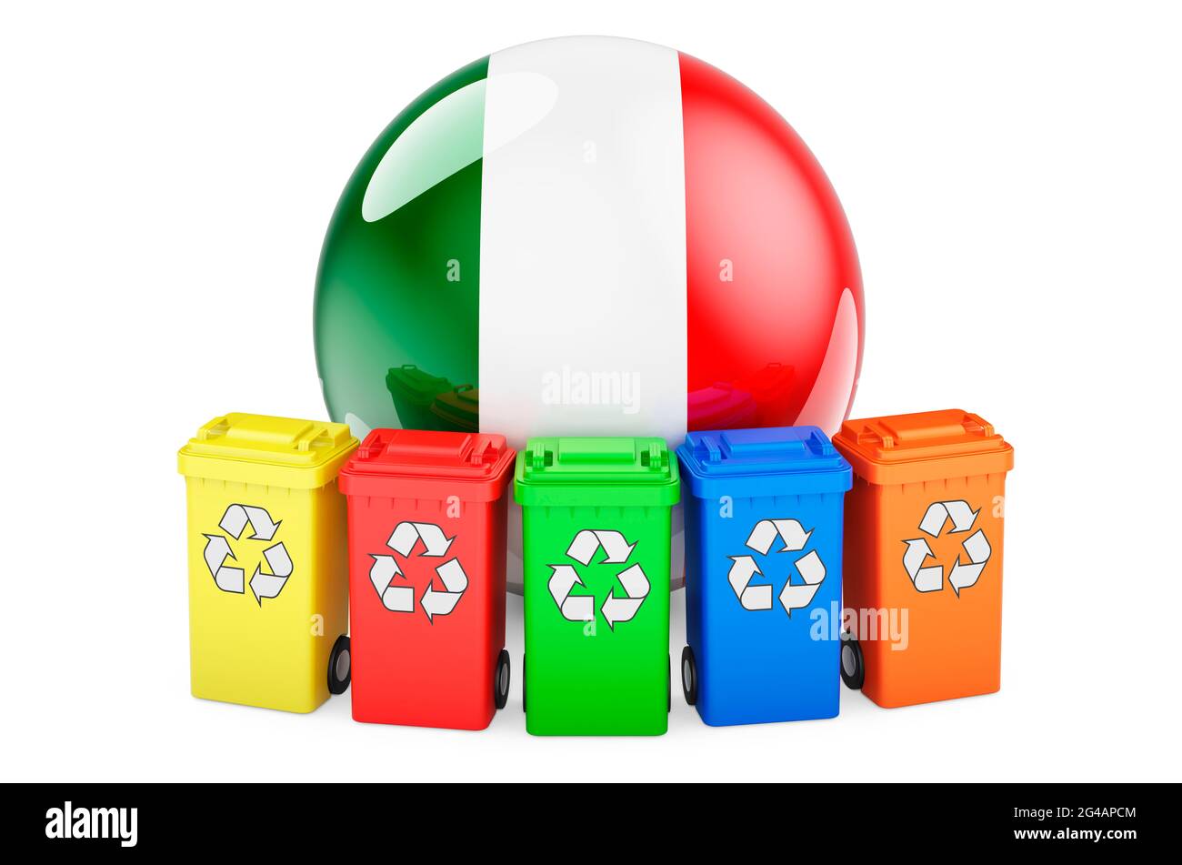 Waste recycling in Italy. Colored recycling bins with Italian flag, 3D rendering isolated on