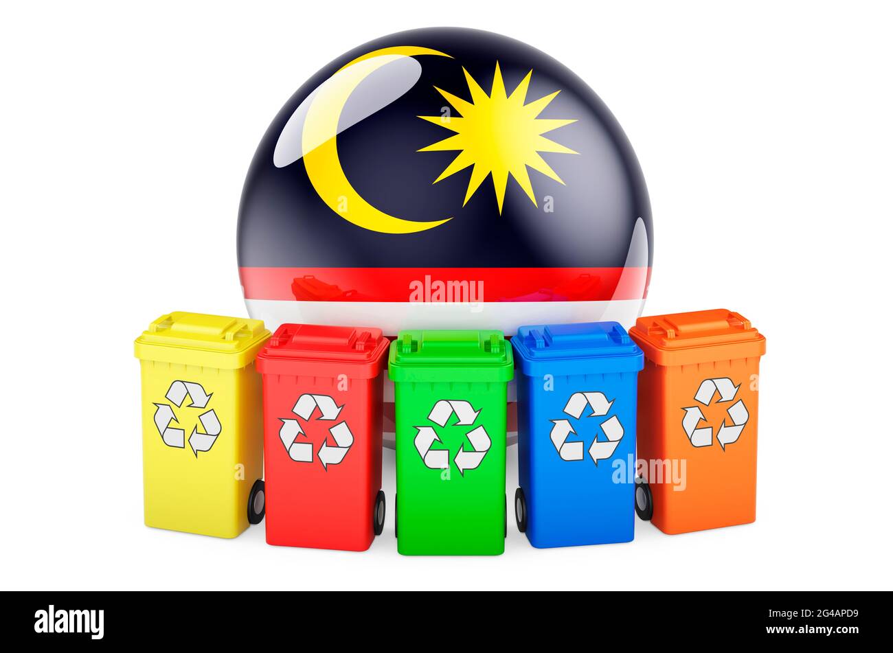 Waste recycling in Malaysia. Colored recycling bins with Malaysian flag