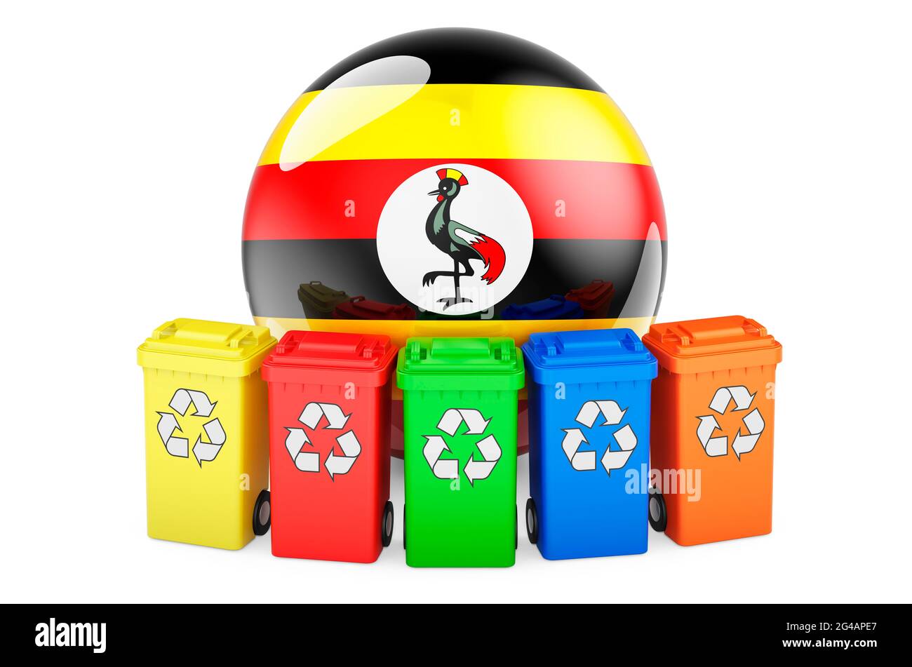 Waste recycling in Uganda. Colored recycling bins with Ugandan flag, 3D rendering isolated on