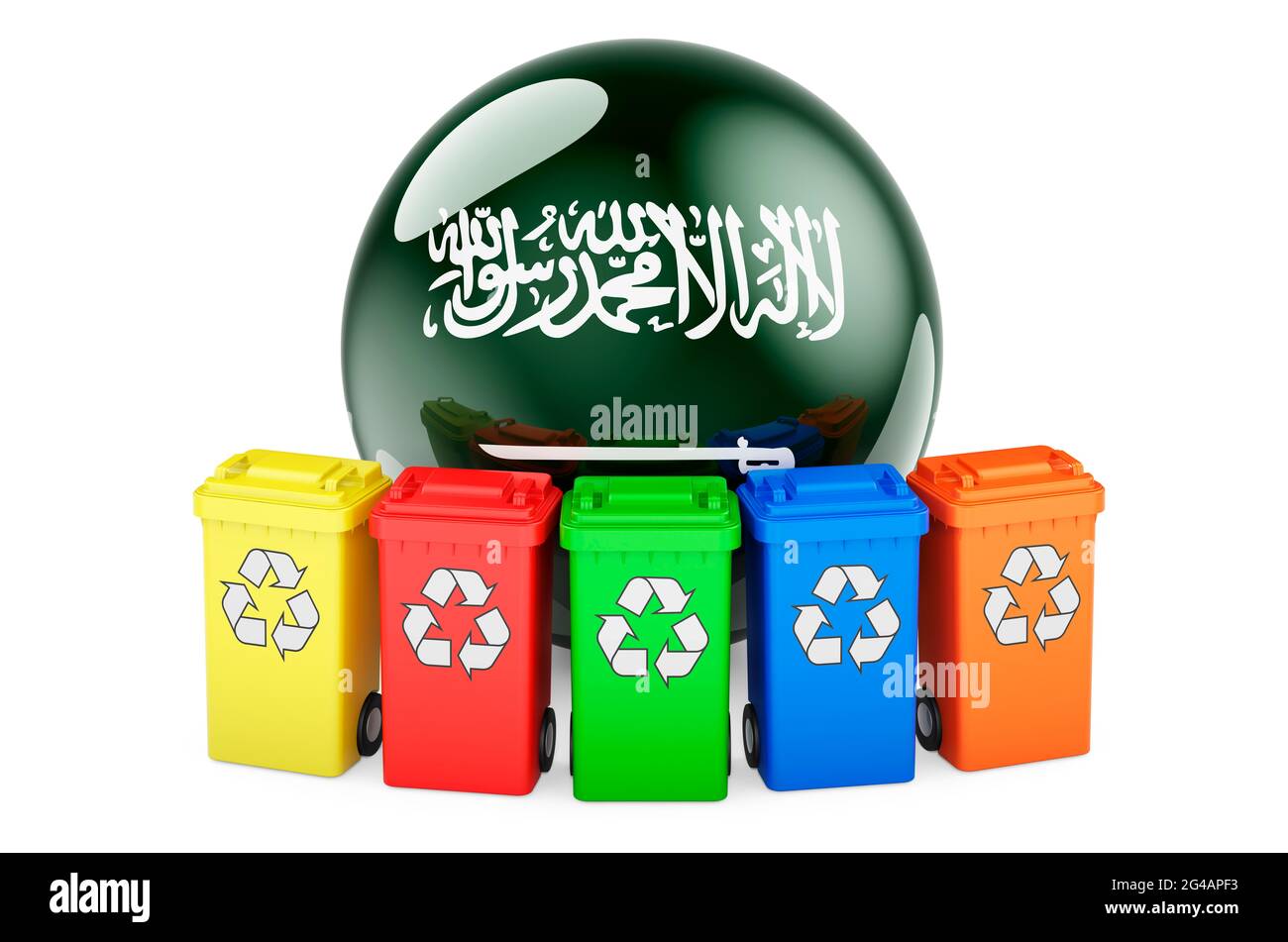 Waste recycling in Saudi Arabia. Colored recycling bins with Saudi