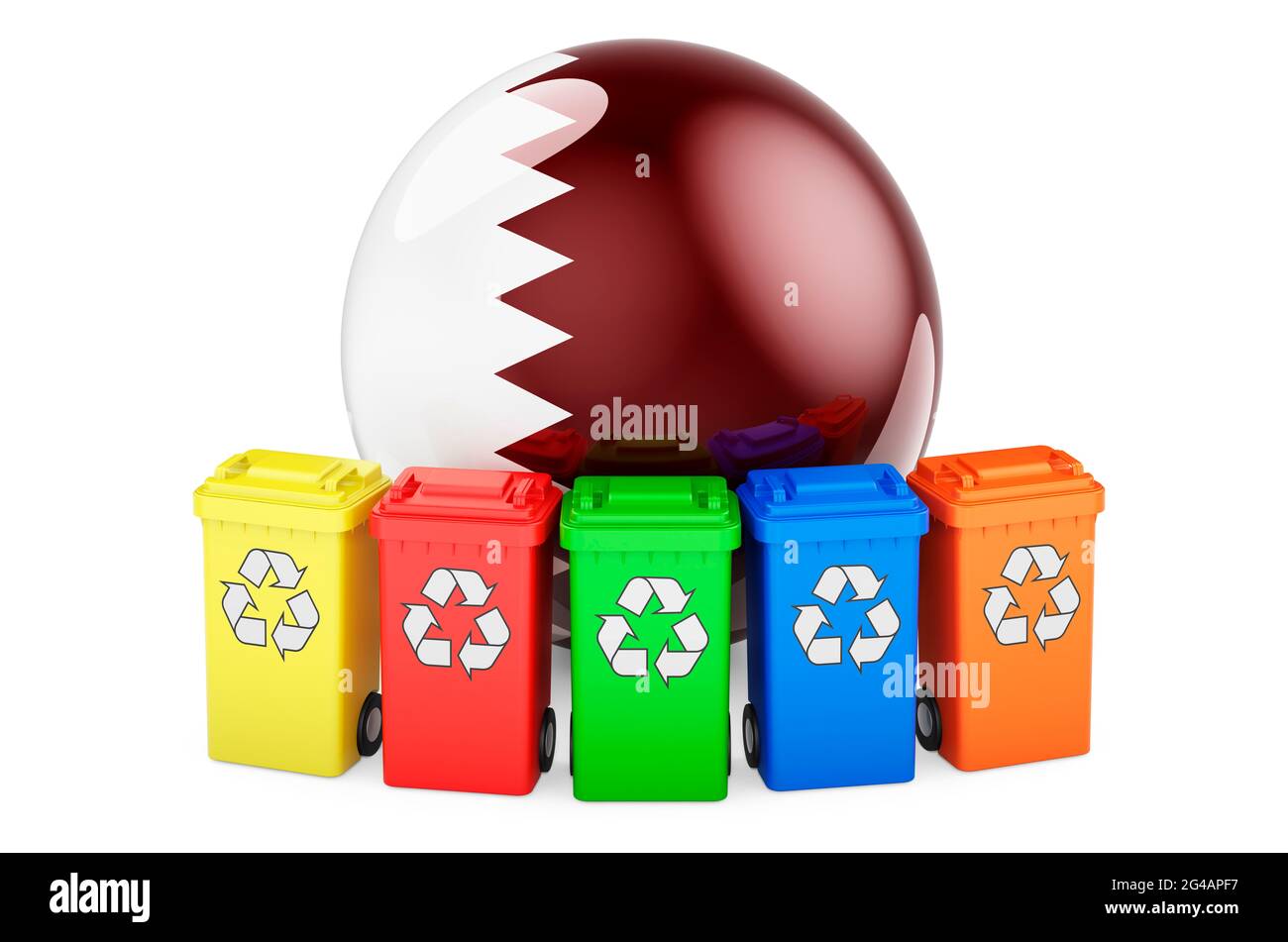 Waste recycling in Qatar. Colored recycling bins with Qatari flag, 3D