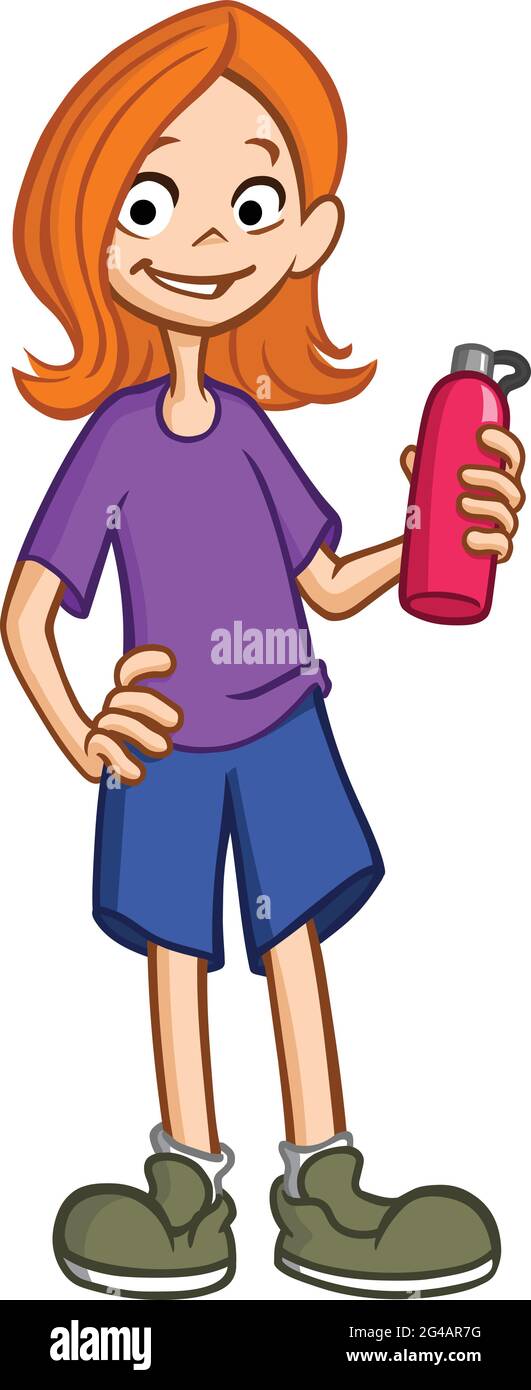 Smiling girl holding water container bottle canteen Stock Vector