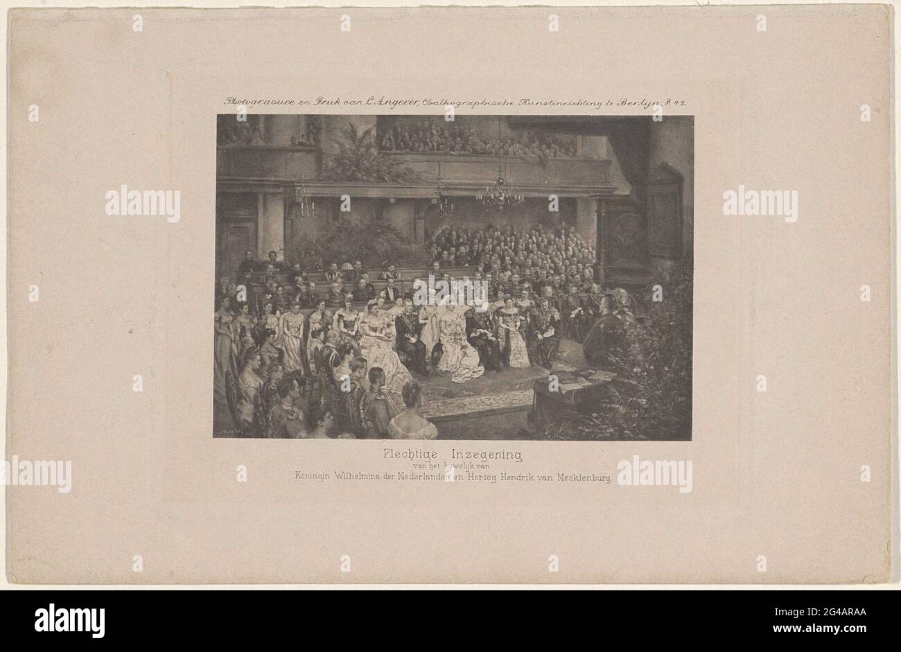 Blessing the marriage of Queen Wilhelmina and Prince Hendrik, 1901; Solemn blessing of the marriage of Queen Wilhelmina der Nederlanden and Hertog Hendrik van Mecklenburg. Blessing the marriage of Queen Wilhelmina Hertog Hendrik van Mecklenburg in the Grote Kerk in the Hague on February 7, 1901. To the left of the bride her mother Queen Emma and Hendriks Cousin Grand Duke Frederik French IV from Mecklenburg-Schwerin. To the right of the groom his mother Marie van Schwarzburg-Rudolstadt. The marriage was taken out by the Minister of Justice Pieter Wilhelm Adrianus Cort van der Linden, who perfo Stock Photo