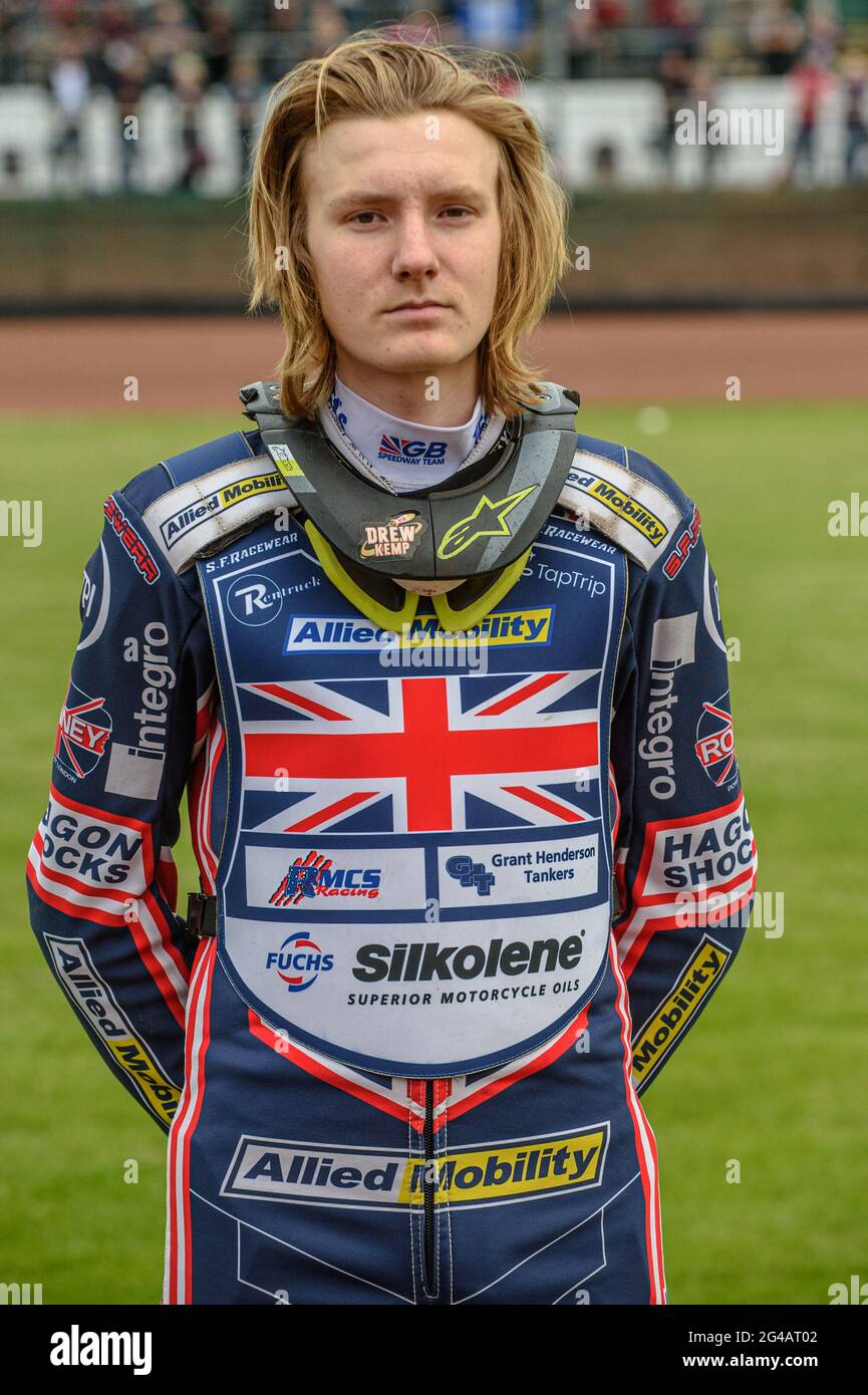 Glasgow, Scotland, UK. 19th June, 2021. Drew Kemp (Reserve) (Great Britain)  during the FIM Speedway Grand Prix Qualifying Round at the Peugeot Ashfield  Stadium, Glasgow on Saturday 19th June 2021. (Credit: Ian