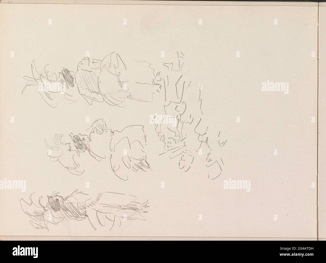 Figure studies. Among other things, three studies of a standing woman with headdress, possibly a dancer. Leaf 17 Verso from sketchbook III with 36 sheets. Stock Photo
