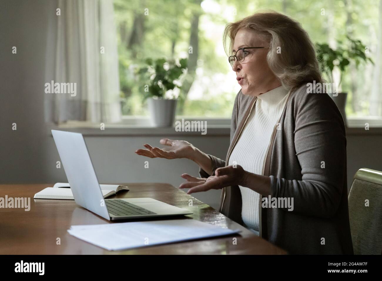 Unhappy mature woman confused with computer breakdown Stock Photo Alamy
