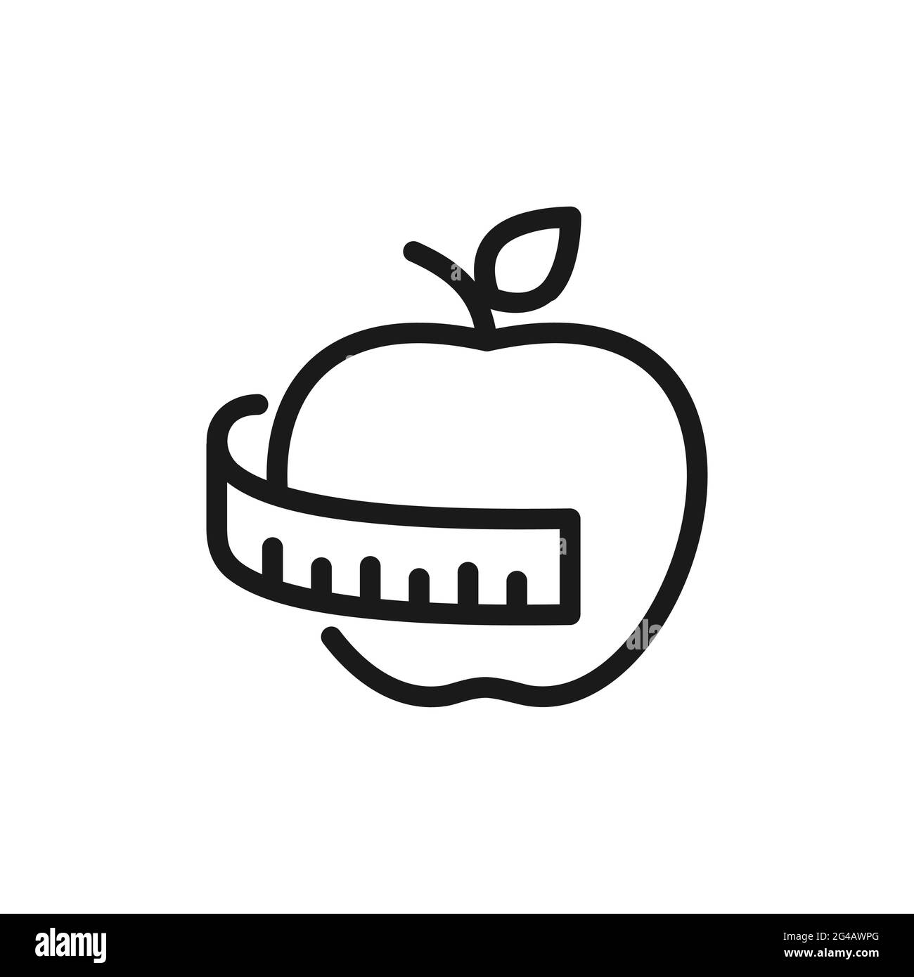 Apple and measuring tape line icon. Fitness program with healthy diet. Lose weight nutrition plan. Body and health care concept. Balance food menu. Stock Vector