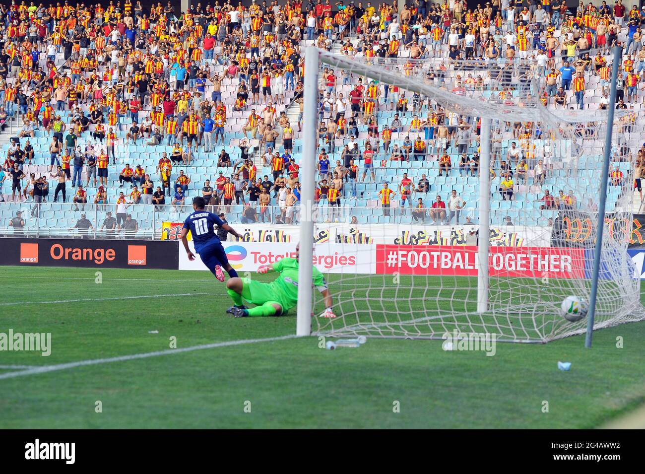 June 19, 2021, Rades, Tunis, Tunisia: Mohamed sherif El Bakr(10) of Al Ahly who scores a goal refused by the referee for offside  during the semi-final first leg of the African Champions League CAF, EST vs Al Ahly of Egypt at the Rades stadium in Tunis.photo: Chokri Mahjoub. (Credit Image: © Chokri Mahjoub/ZUMA Wire) Stock Photo