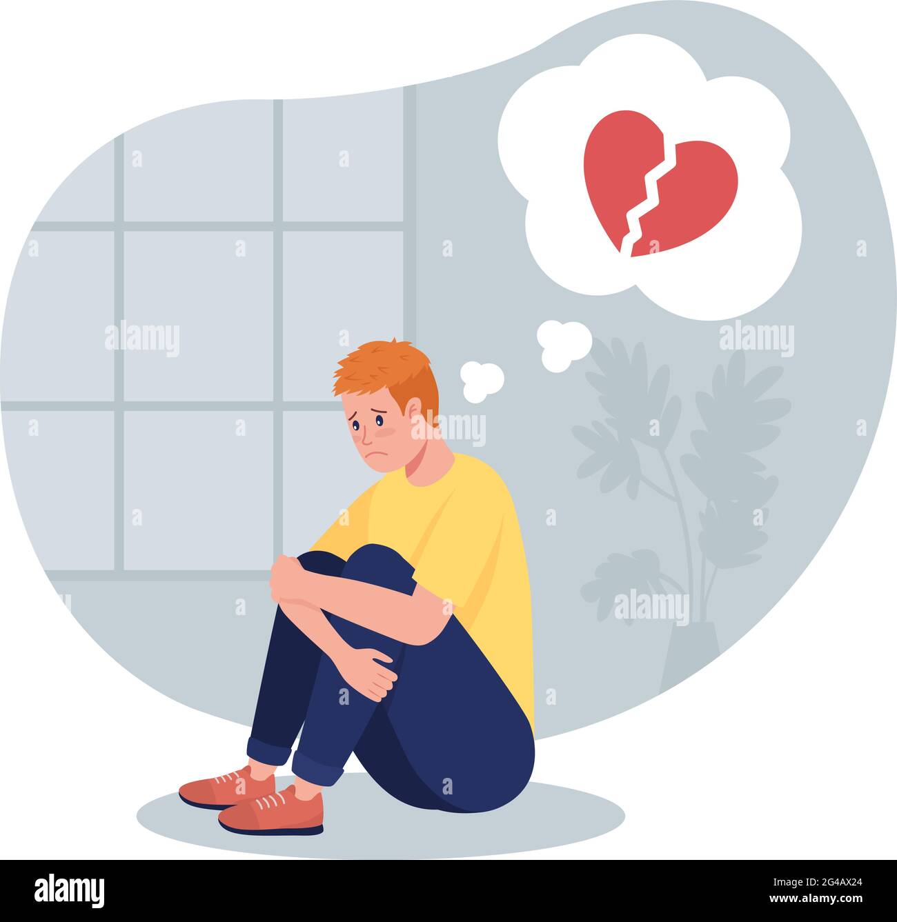 Stressed teen boy sit alone thinking of break up 2D vector isolated illustration Stock Vector