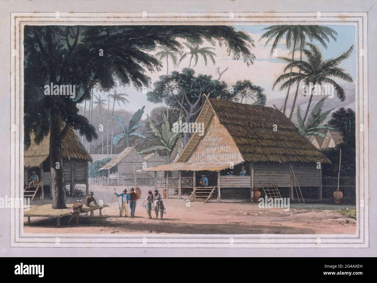 The Malay Doosoonis Or Villages Are Frequently Situated On The Borders Of A Lake And Generally Command An Eminence Difficult Of Access Colour Print From The Book A Picturesque Voyage To