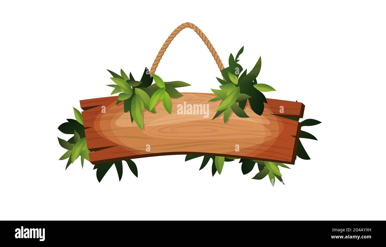 Empty wooden planks hanging on ropes with tropical leaves. Retro banners for game. Stock Vector