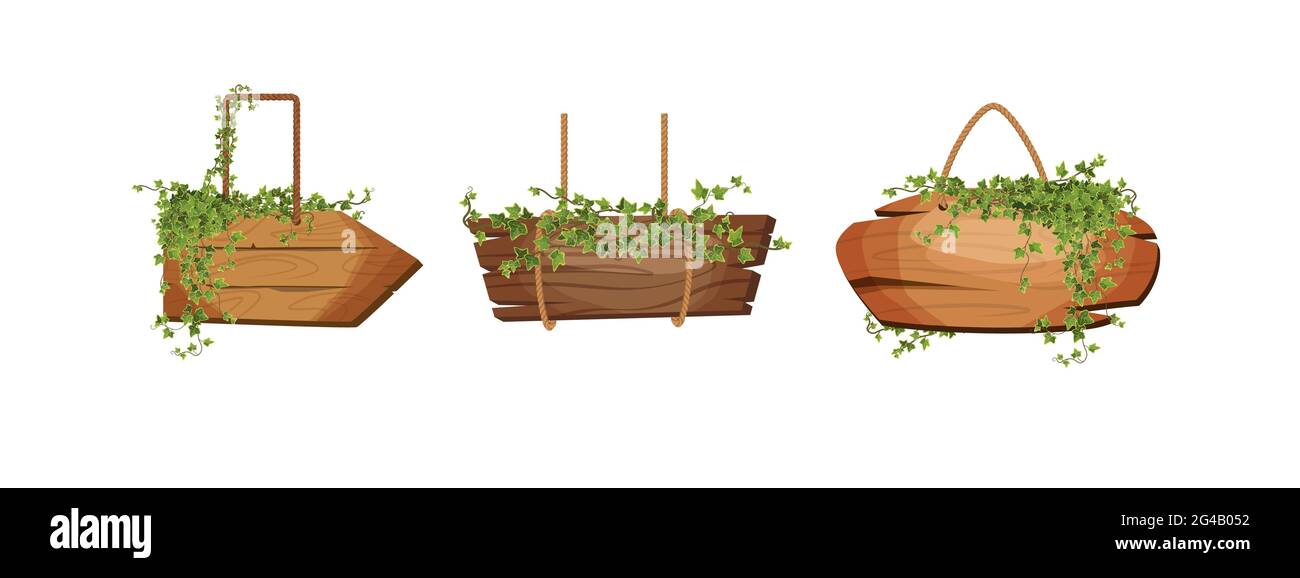 Empty wooden planks hanging on ropes with tropical leaves. Retro banners for game. Stock Vector