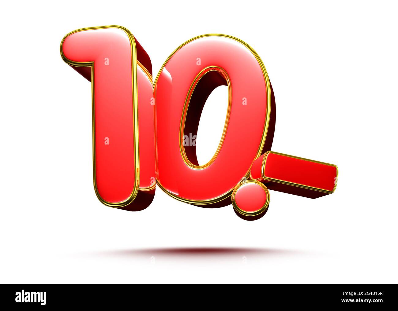 Price tag number 10 red 3D illustration with gold border on a white
