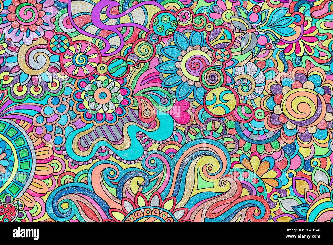Adult coloring page with gel and glitter pens Stock Photo
