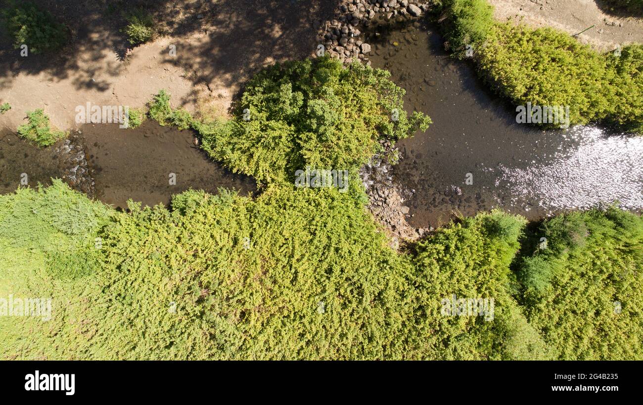 Aerial Photography of the Banias Stream (Banias River or Hermon River) Golan Heights, Israel Stock Photo