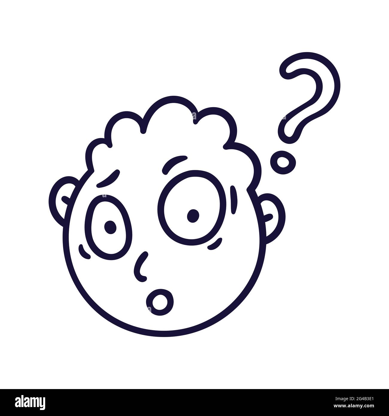 Round abstract face with questioning emotion. Surprised emoji avatar. Portrait of an open-eyed man. Cartoon style. Flat design vector illustration. Stock Vector