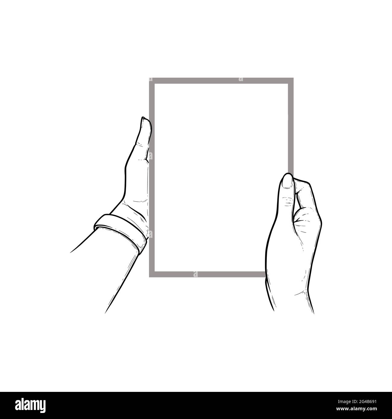 Hands holding tablet with touchscreen. Vertical tablet in hands of a human. Sketch vector illustration isolated in white background Stock Vector