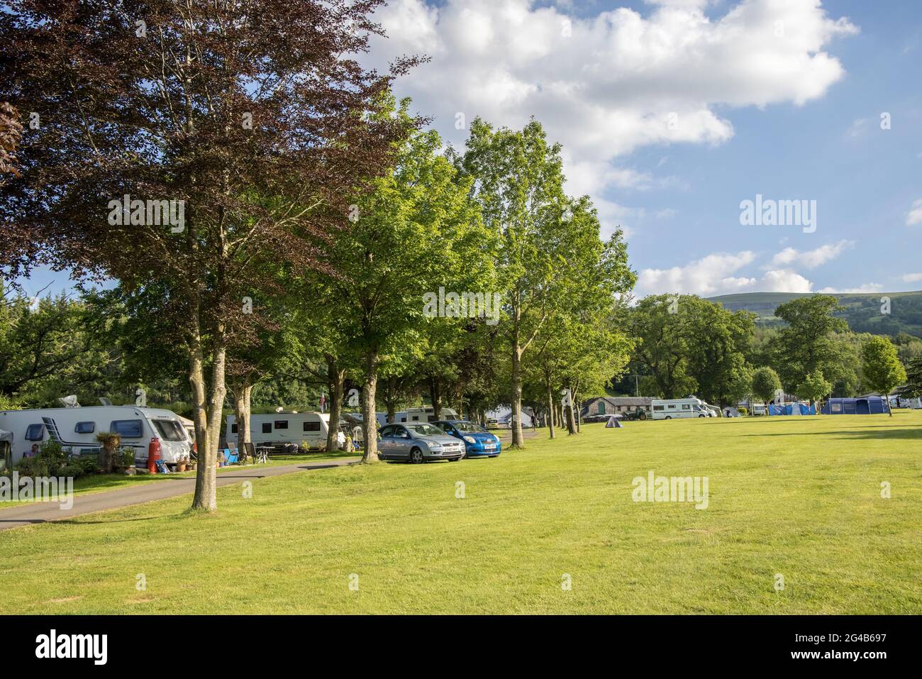 Large open field used for camping, Llangattock, Wales, UK Stock Photo