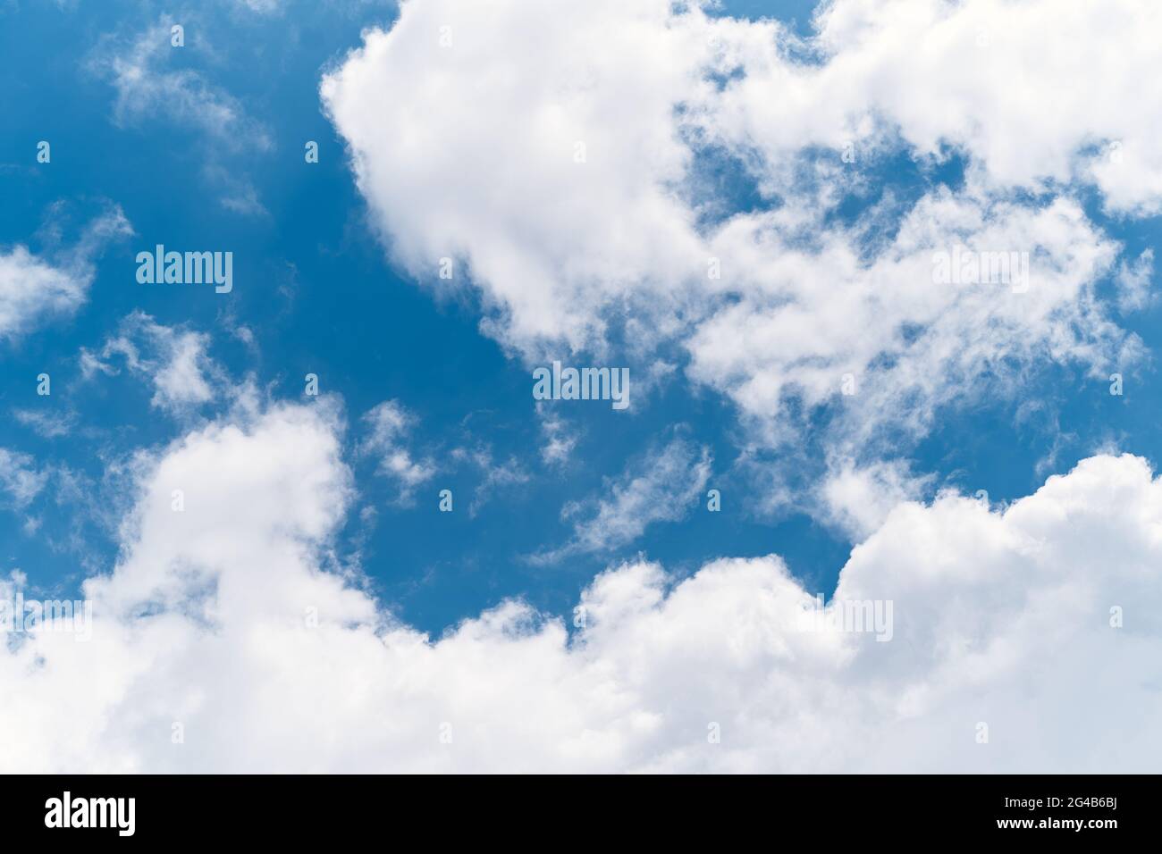 White clouds float across the bright blue sky. Close-up Stock Photo