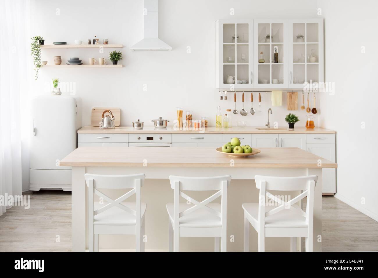 Scandinavian dining room interior and kitchen, rent, ad and sale of