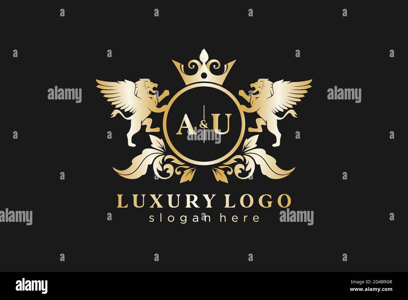 AU Letter Lion Royal Luxury Logo template in vector art for Restaurant, Royalty, Boutique, Cafe, Hotel, Heraldic, Jewelry, Fashion and other vector il Stock Vector