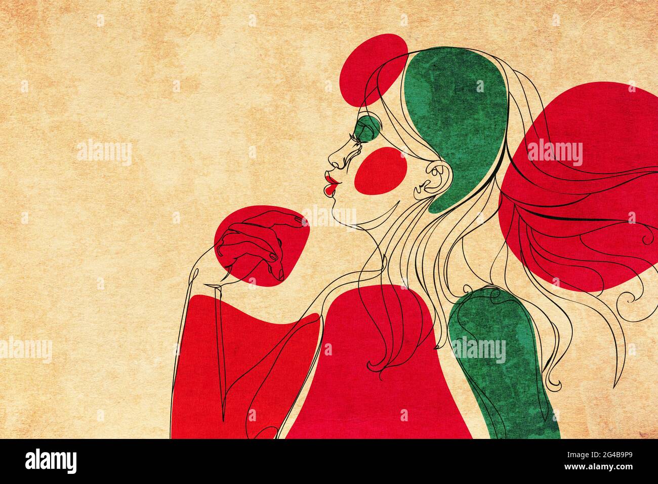 Abstract line art female portrait in profile with colorful shapes ...