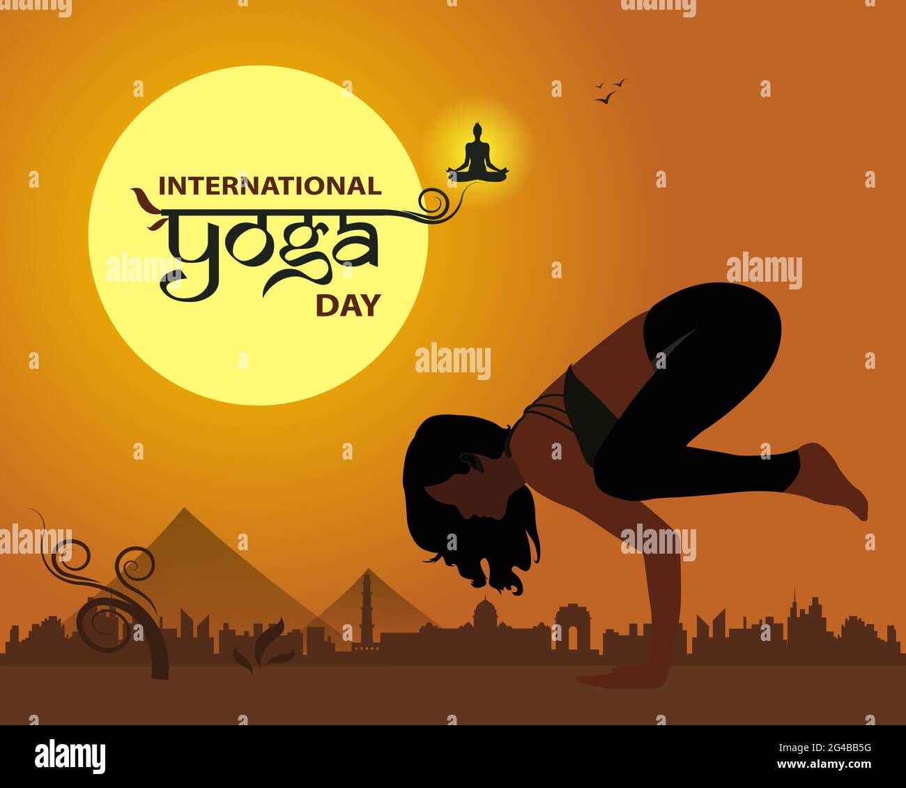 International Yoga Day Illustration with Woman Yoga Silhouette body postures. Fitness girl doing yoga for fitness and wellness. Stock Vector