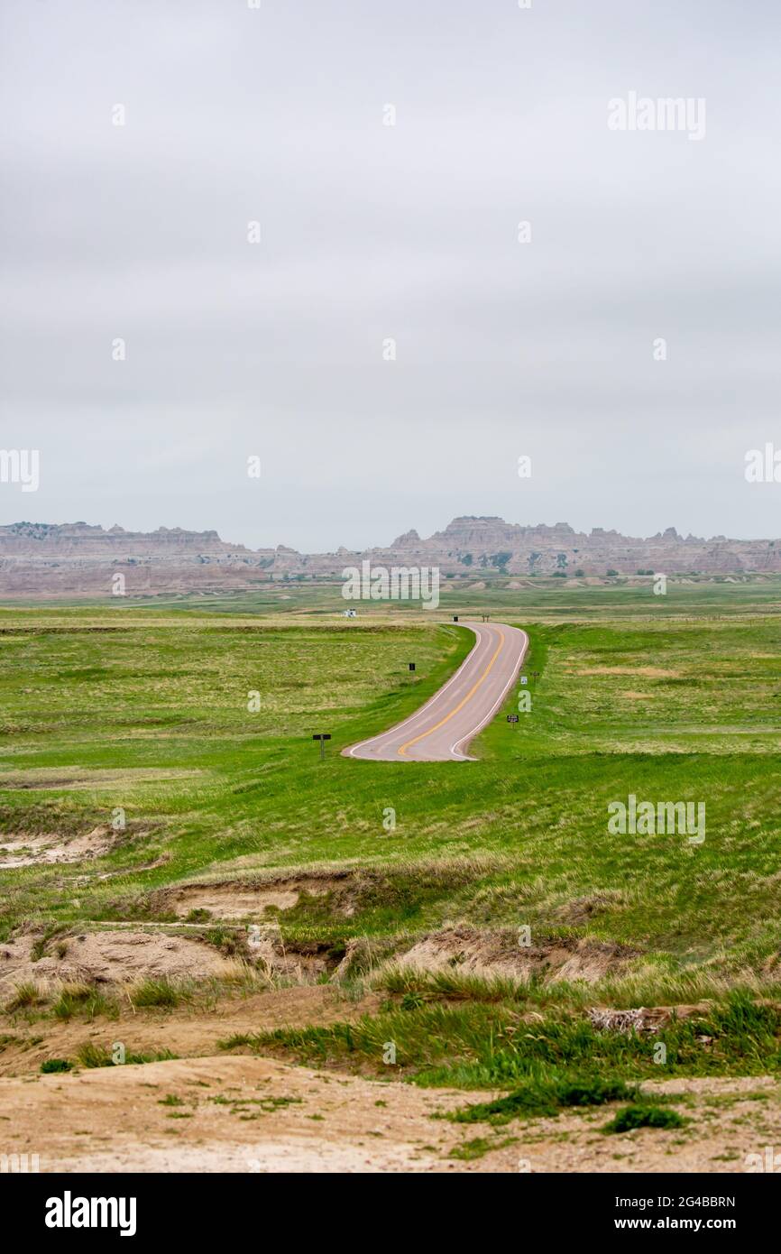 Badlands National Park in South Dakota with the Badlands Loop Road, Highway 240, vertical Stock