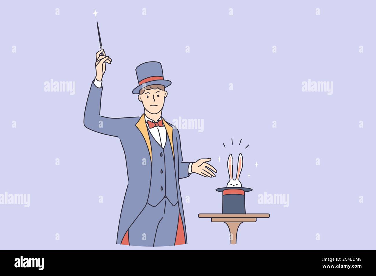 Magician making trick during work concept. Young smiling man magician wearing traditional costume standing with stick making magic trick with rabbit in hat vector illustration Stock Vector