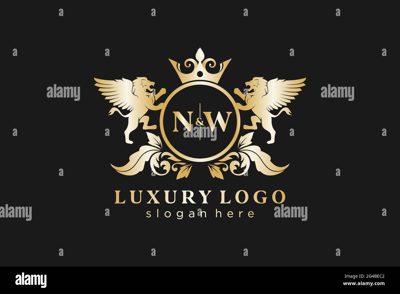 NW Letter Lion Royal Luxury Logo template in vector art for Restaurant, Royalty, Boutique, Cafe, Hotel, Heraldic, Jewelry, Fashion and other vector il Stock Vector