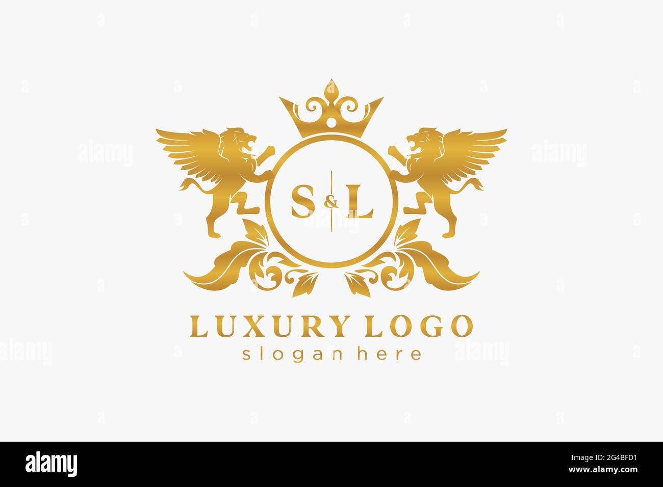 SL Letter Lion Royal Luxury Logo template in vector art for Restaurant, Royalty, Boutique, Cafe, Hotel, Heraldic, Jewelry, Fashion and other vector il Stock Vector