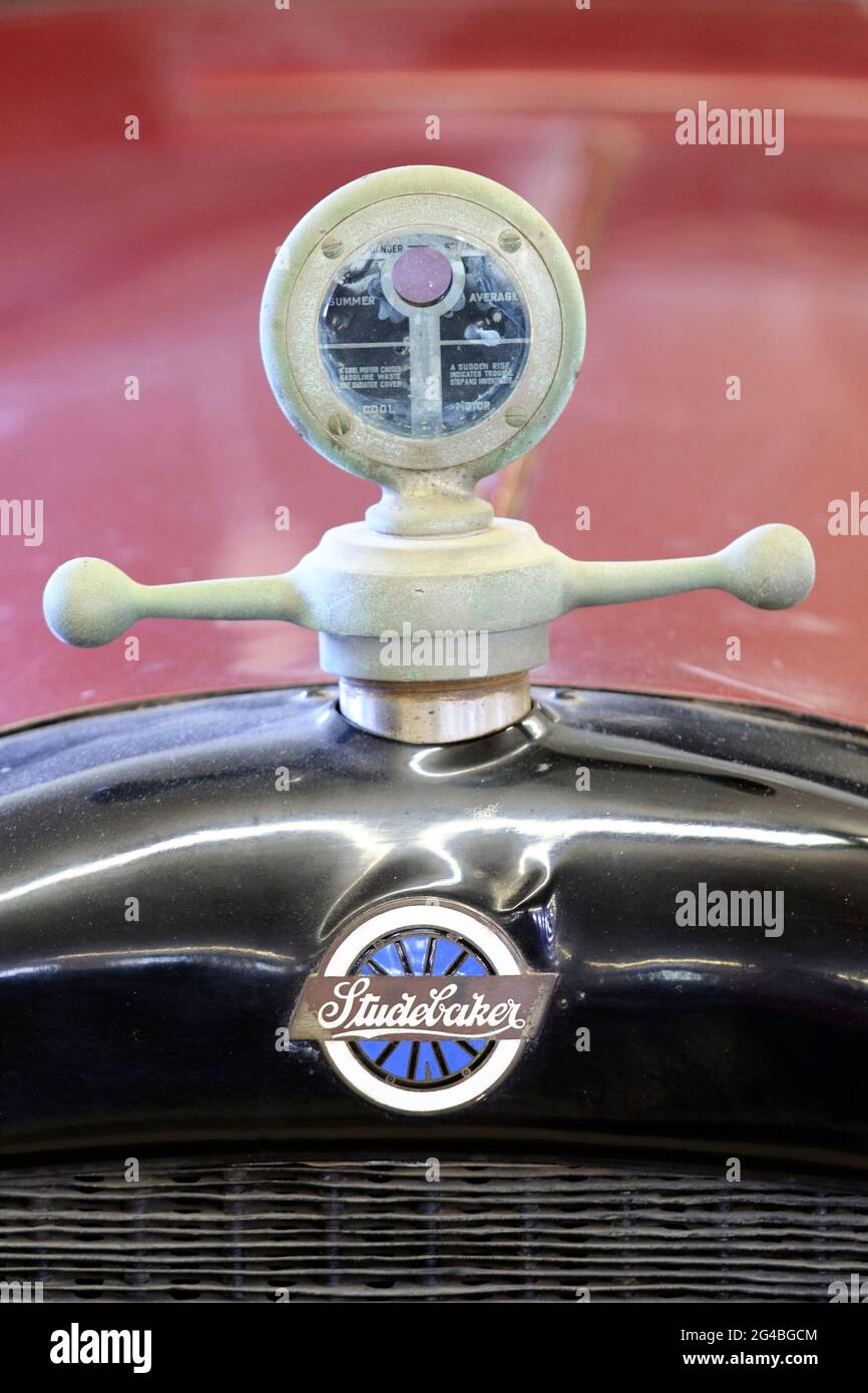 A Studebaker antique car logo and radiator monitor. Space Farms Zoo and Museum, Beemerville, New Jersey, USA Stock Photo