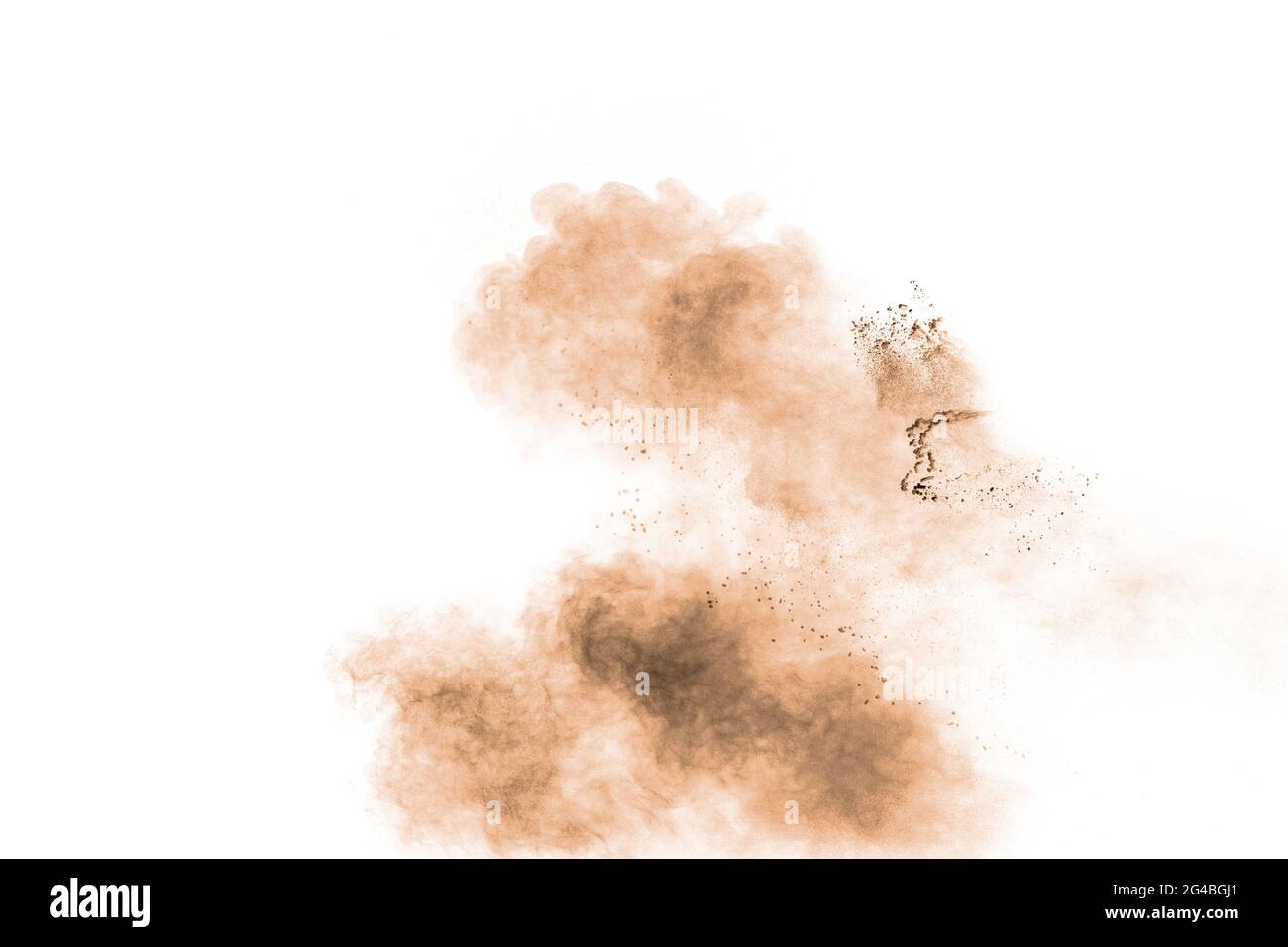 Freeze motion of brown powder exploding. Abstract design of brown dust cloud against white background. Stock Photo