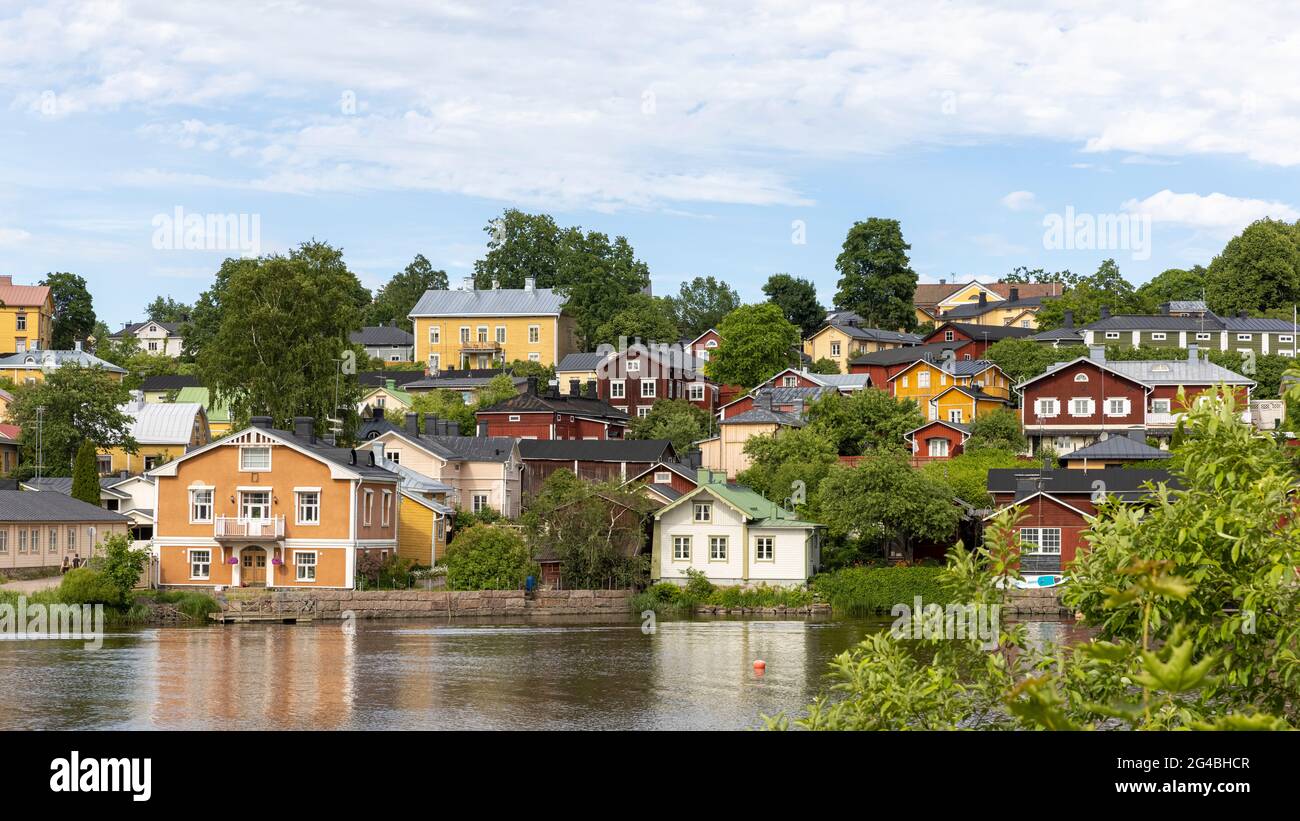 Narrow cobblestone street in old part of Porvoo in Southern Finland Stock Photo