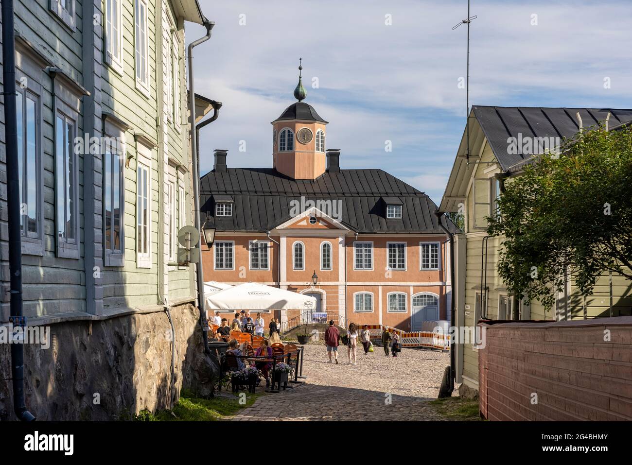 Narrow cobblestone street in old part of Porvoo in Southern Finland Stock Photo