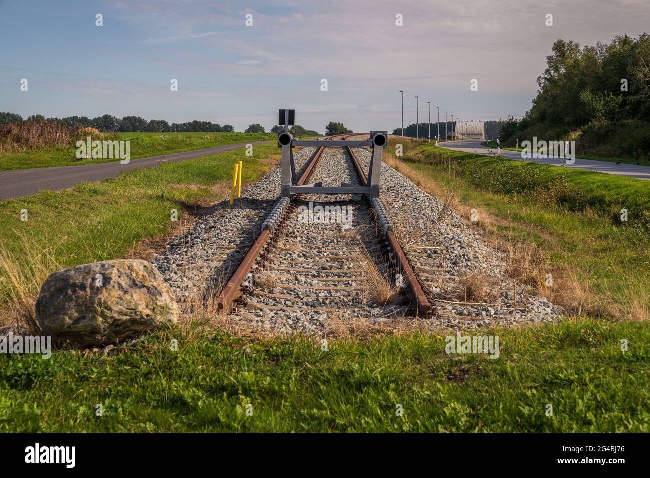 Buffer stop at the end of the railway line to Vierow harbour, Mecklenburg-Western Pomerania, Germany Stock Photo