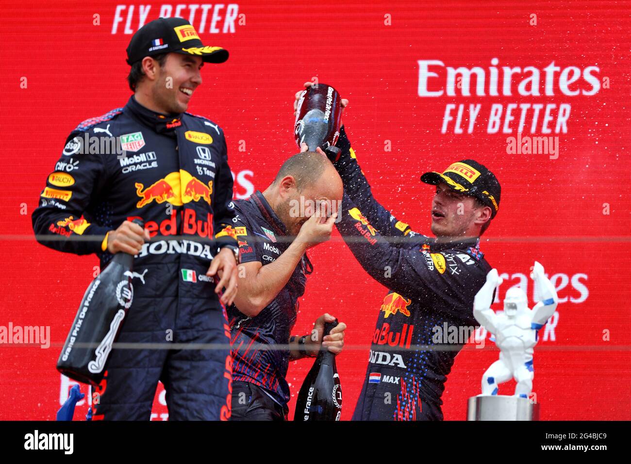 Le Castellet France th June 21 Race Winner Max Verstappen Nld Red Bull Racing Celebrates On The Podium With Gianpiero Lambiase Ita Red Bull Racing Engineer And Team Mate Sergio Perez Mex Le Castellet France th June 21 Race Winner Max Verstappen Nld Red Bull Racing Celebrates On The Podium With Gianpiero Lambiase Ita Red Bull Racing Engineer And Team Mate Sergio Perez Mex