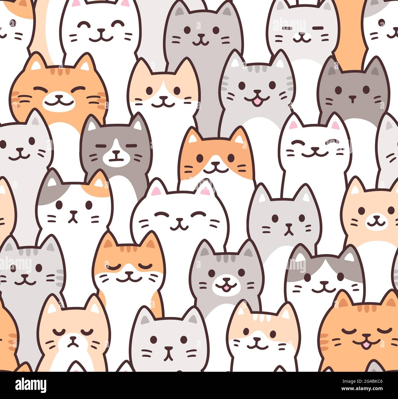 Cute cartoon doodle cats pattern. Kawaii crowd of cat faces. Seamless background, vector illustration. Stock Vector