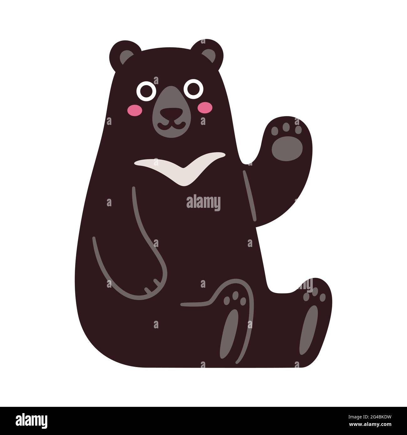 Asian black bear, or moon bear, sitting and waving. Cute cartoon character, funny kawaii mascot. Isolated vector illustration. Stock Vector