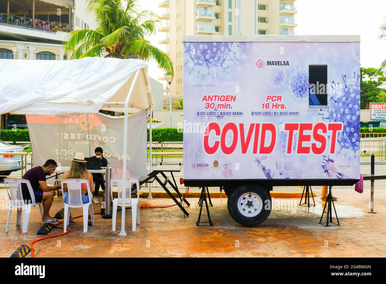 Covid-19 testing unit in the Hotel Zone of Cancun Mexico, These testing units are everywhere as most countries require now a negative test for their nationals to reenter the country , June 2021 Stock Photo