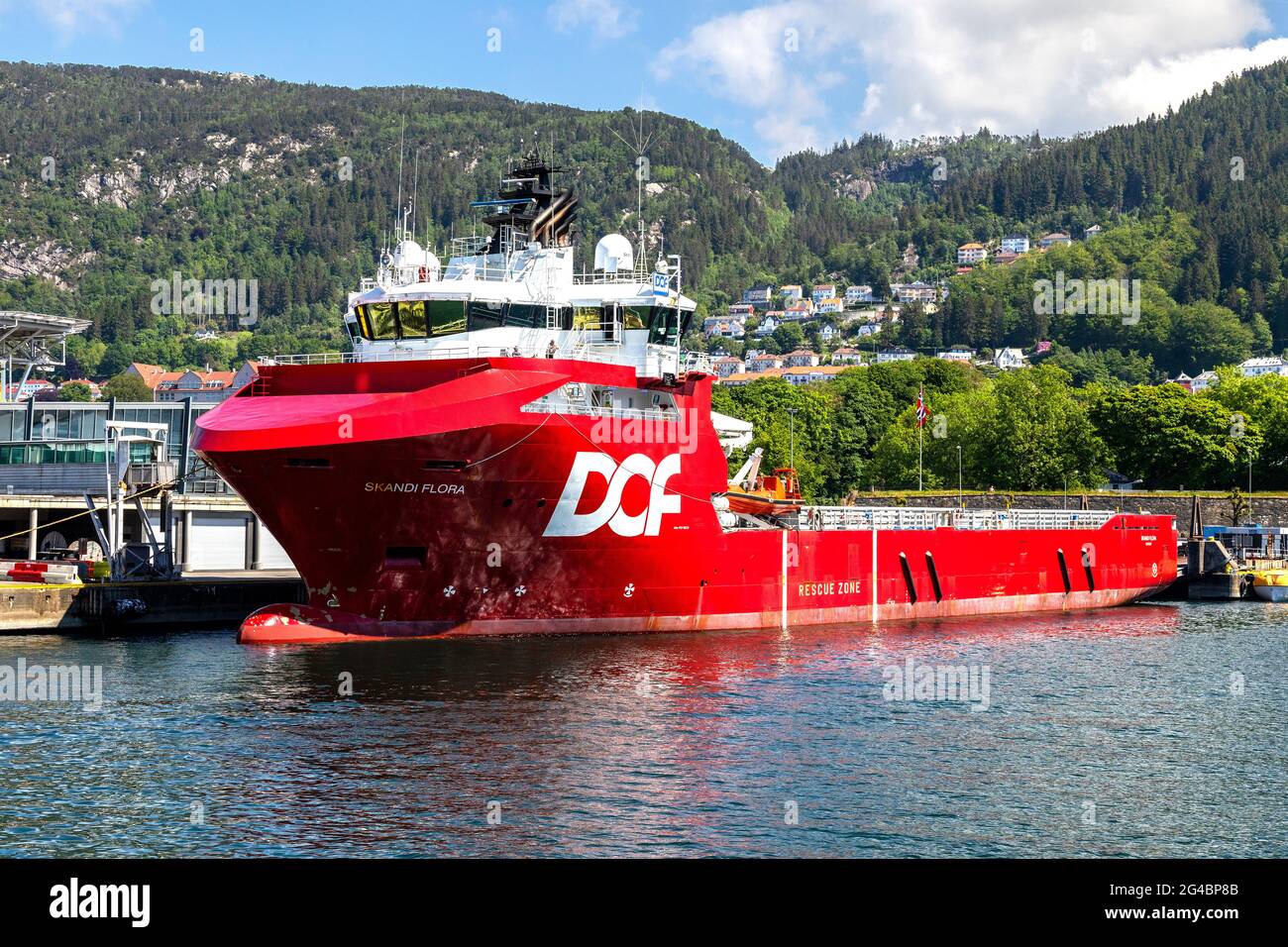 Offshore PSV vessel Skandi Flora in the port of Bergen, Norway.  Berthed at Skoltegrunnskaien. Stock Photo