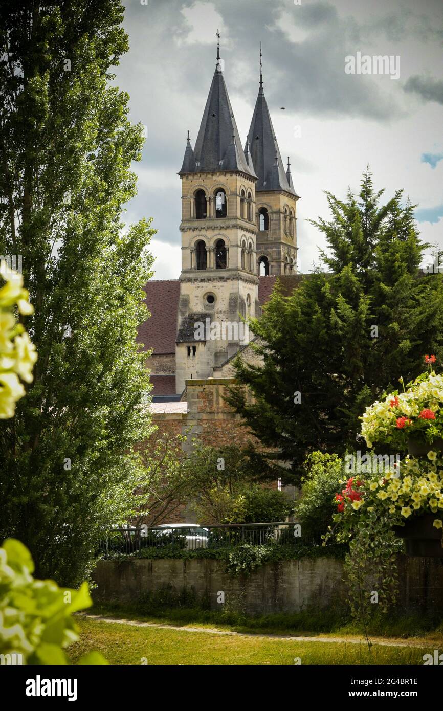 view of the Notre Dame de Melun church from the banks of seine Stock Photo