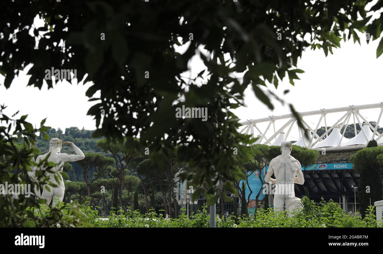 Rome, Italy, 20th June 2021. Marble Statues over look the stadium ...