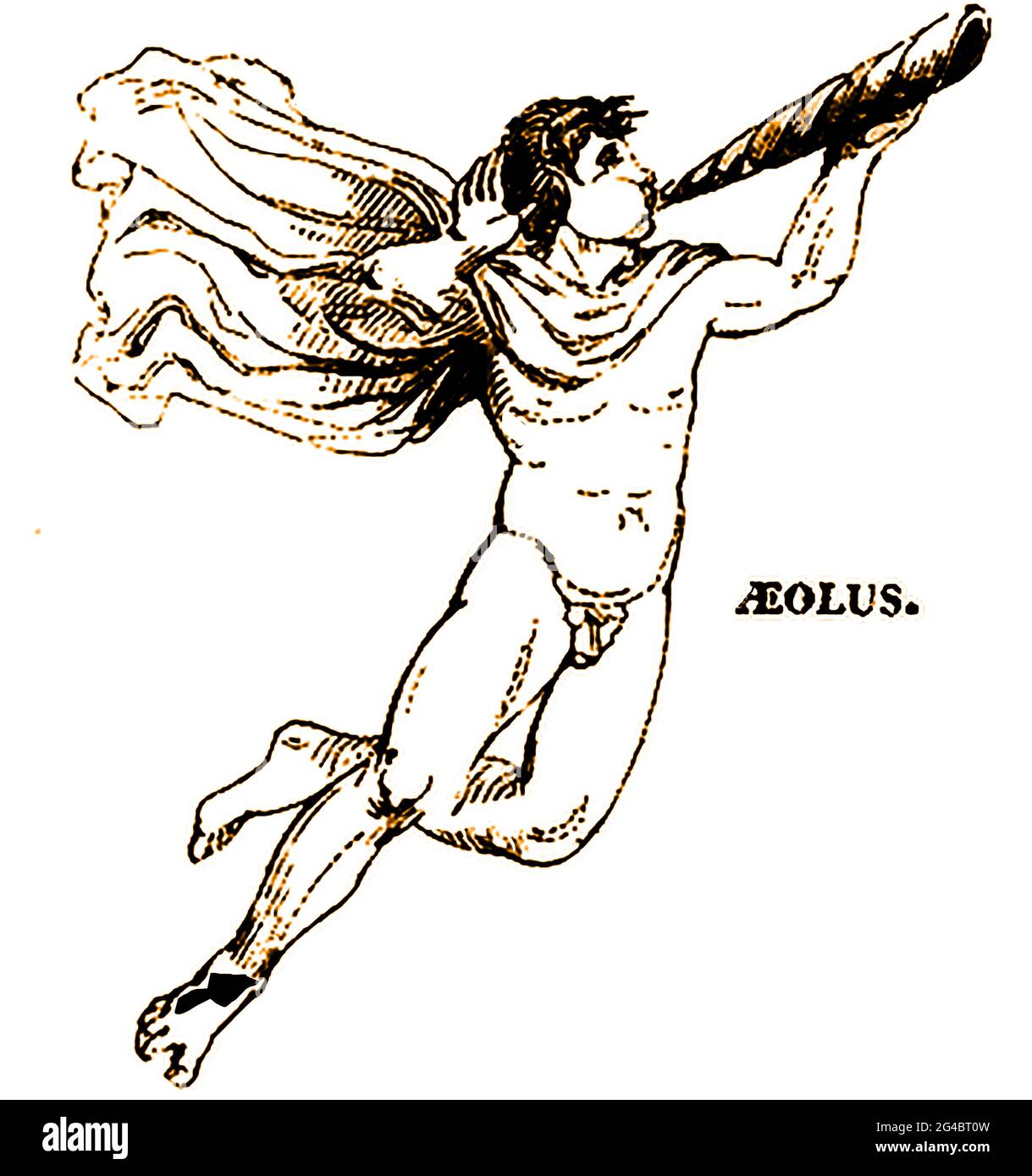 An 1839  depiction of Aeolus  (aka  Aíolos & Αἴολος) a Greek nymph, mythological figure or half-human god whose name means  speedy, quick-moving or nimble'. There are confusingly three deeply entwined  figures with this name  all which appear to be genealogically connected. One was the son of Hellen the founder of the Aeolian race, another was a son of Poseidon, who led a colony to islands in the Tyrrhenian Sea, and the third was a son of Hippotes and  as the 'Keeper of the Winds. In in Homer's Odyssey Aeolus gave Odysseus a closed bag that contained the  winds of all directions Stock Photo