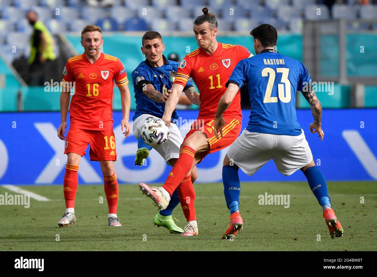Roma, Italy. 20th June, 2021. Joseff Morrell of Wales, Marco Verratti of Italy, Gareth Bale of Wales and Alessandro Bastoni of Italy compete for the ball during the Uefa Euro 2020 Group A football match between Italy and Wales at stadio Olimpico in Rome (Italy), June 20th, 2021. Photo Andrea Staccioli/Insidefoto Credit: insidefoto srl/Alamy Live News Stock Photo